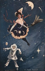 A Fair Sweep Carnival/Halloween Witch on Broom Postcard