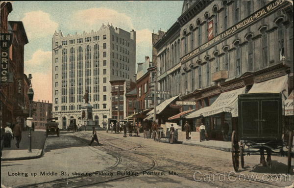 Looking Up Middle Street showing Fidelity Building Portland Maine