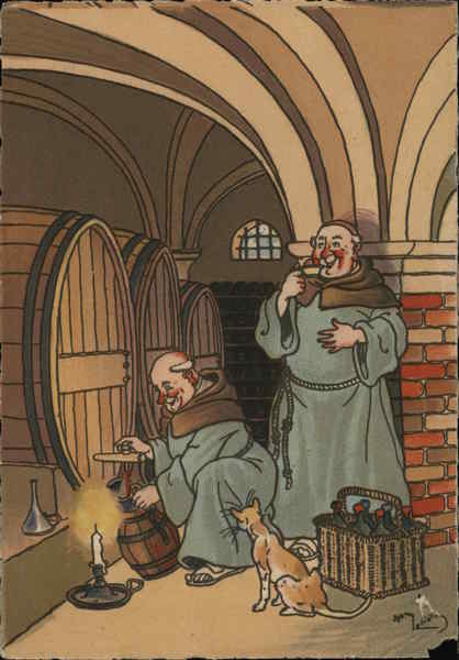 Monks Secretly Sneaking Wine in Basement Cave Drinking