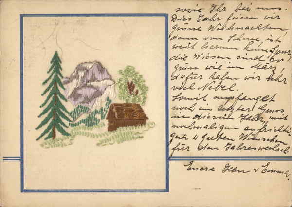Cottage, Mountain and Trees Switzerland Embroidered Silk