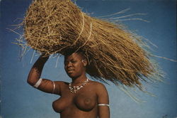 Zulu Maiden, Topless, Carrying Straw on Head Postcard