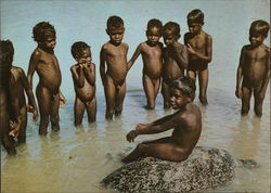 Nude Aboriginal Children in Water with Turtle Postcard