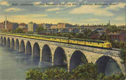 Streamliner Crossing Mississippi River Stone Arch Bridge Postcard