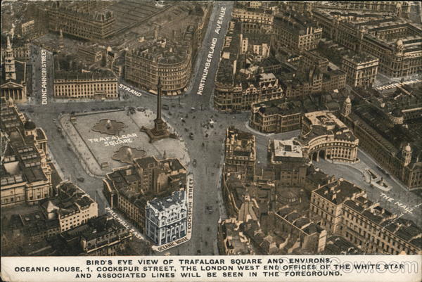 Bird's eye view of Trafalgar Square and Environs. Westminister London England
