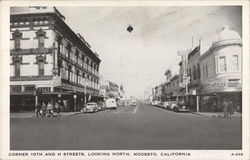 Corner 10th and H Streets, Looking North Modesto, CA Postcard Postcard Postcard