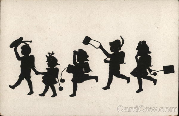 Silhouettes of Five Children Walking in a Line