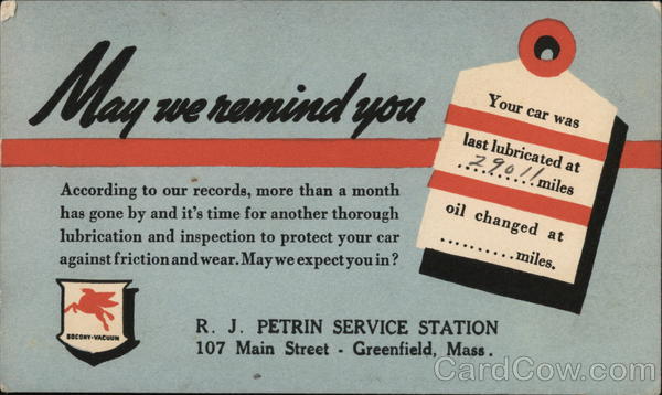 May we remind you - R.J. Petrin Mobil Oil Greenfield Massachusetts