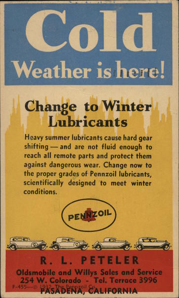 Pennzoil Ad: Cole Weather is Here! Change to Winter Lubricants