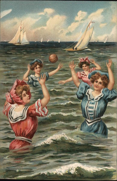 Women Playing with Ball in Water with Boats in Background