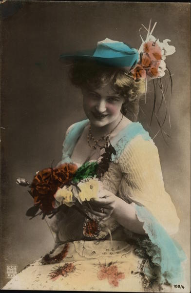 Woman holding bouquet of flowers Art Deco