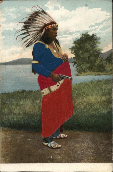 Native American man with headdress and gun Native Americana