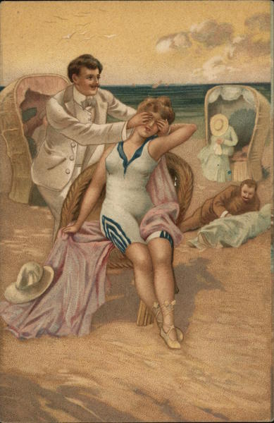 Man covering woman's eyes on the beach Swimsuits & Pinup