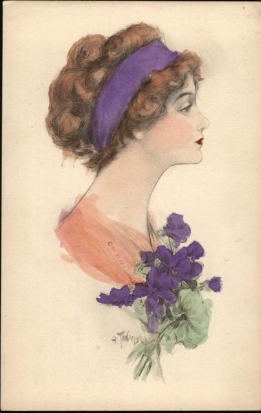 Illustration of Woman's Profile with Purple Flower & Ribbon