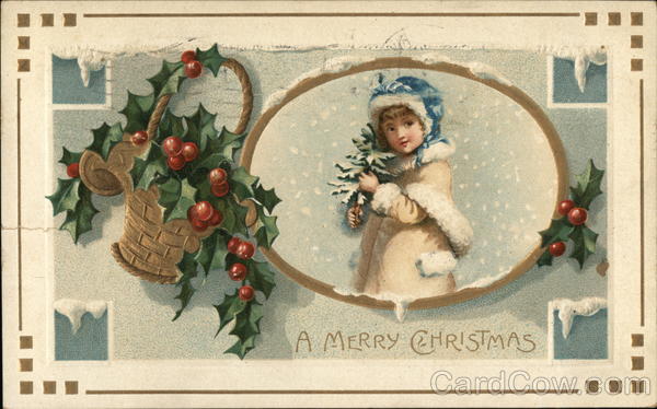 Young Girl in Snow, Holly, A Merry Christmas Children