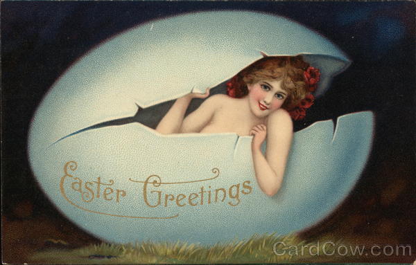 Nude Woman Peeking out of Cracked Egg, Easter Greetings