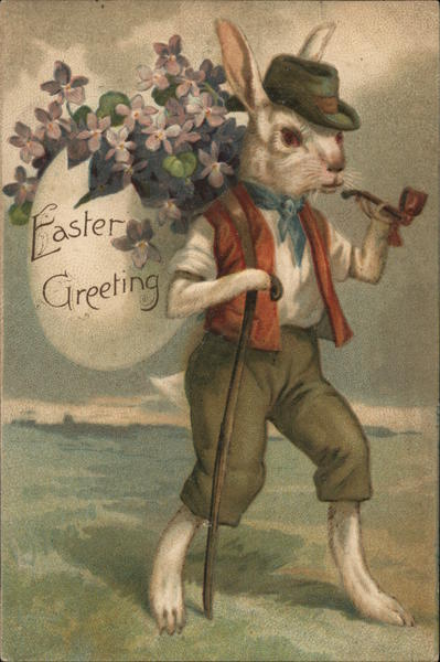 Bunny Dressed as Person, Smoking Pipe, Walking with Cane