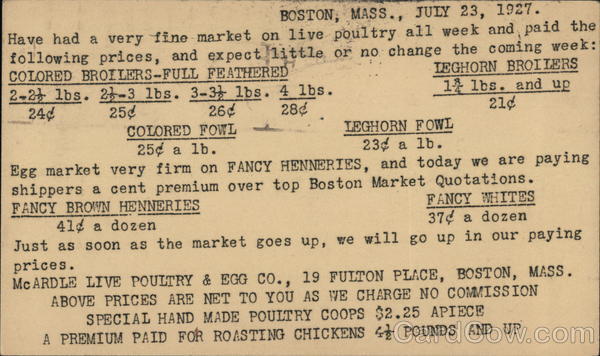 Boston, Mass., July 23, 1927 ~ Details About Live Poultry for Sale
