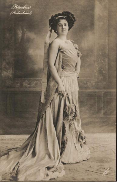Peterka Opera? Dark-Haired Woman in Formal Dress with Long Train