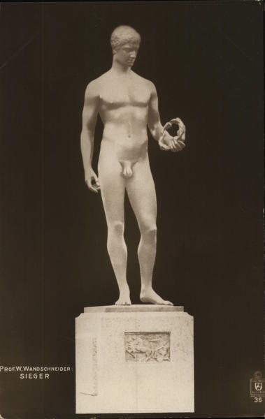 Sculpture of Nude Man Holding Circular Item Sculpture & Carving