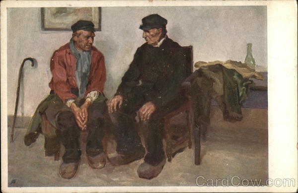 Two Seated Men Talking, Both Wearing Hats