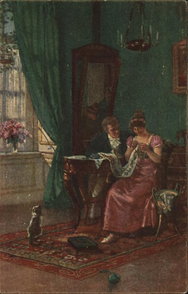 Man Sitting Close to Woman Doing Needlepoint Romance & Love