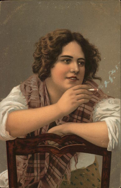 Woman Seated on Backward Chair, Smoking a Cigarette