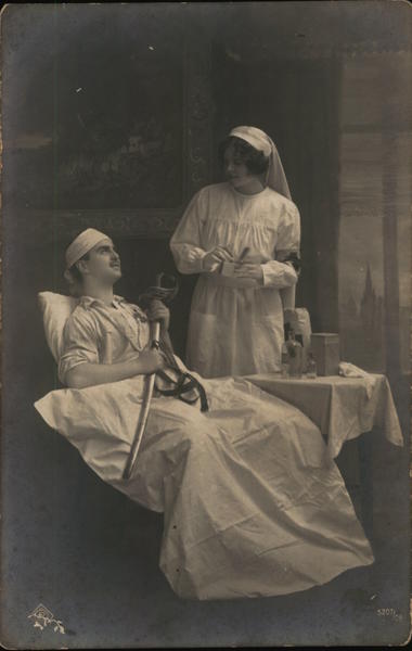 Uniformed Nurse Standing Near Man Wearing Bandage Holding Sword