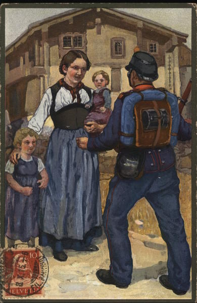 Soldier Greeting Woman with Two Children Military