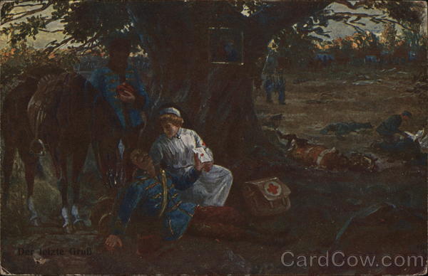 Nurse in White Tending to Injured Soldier Beneath Tree