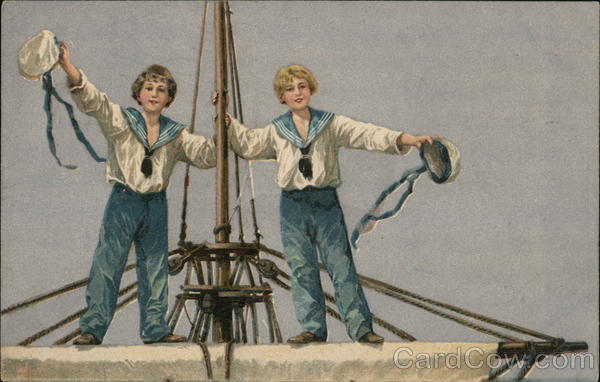 Two Sailor Boys Standing on Mast Waving Hats Navy
