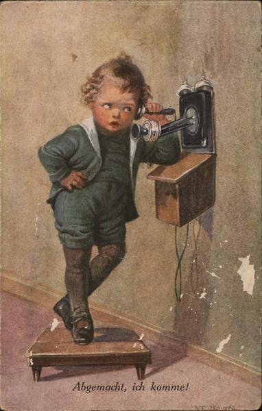 Young Child Standing on Stool Using Telephone Telephones