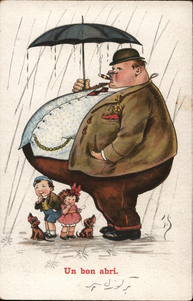 Two Children, Puppies Standing Under Fat Man's Belly in Rain