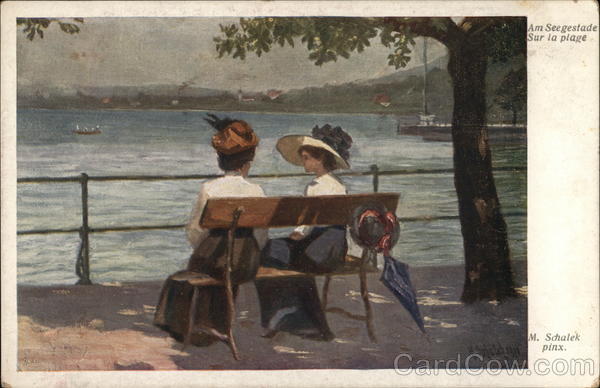 Two Ladies on Bench Near Water's Edge Women