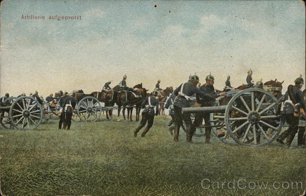 Soldiers with Horse-Drawn Cannons on Field Military
