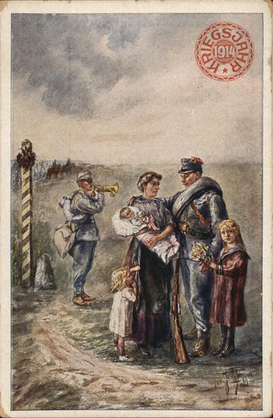 Soldier Standing with Woman Holding Baby Near Children