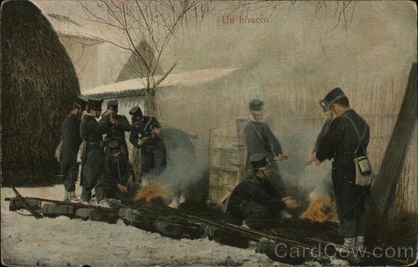 Soldiers Warming Themselves and Talking Near Small Fires