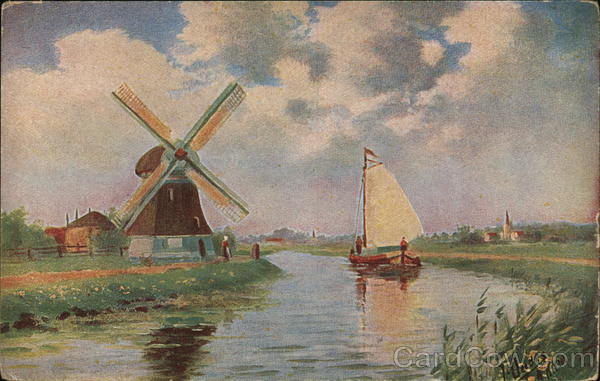 Boat Sails Along Canal Beside Windmill Windmills