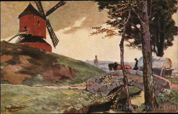 Windmill on Hill, Horse-Drawn Wagon Approaching Windmills