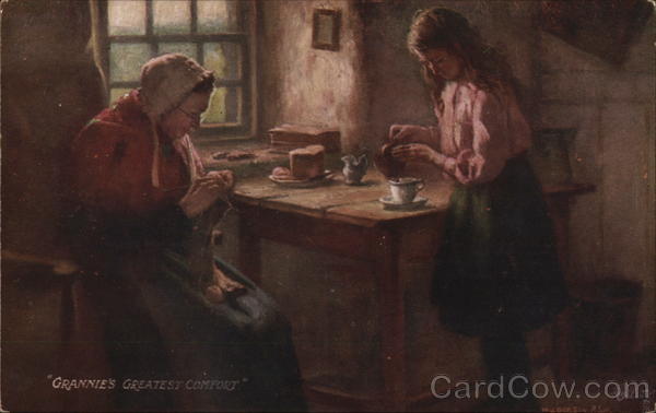 Older Woman Knitting, Girl Pouring Cup of Tea Women