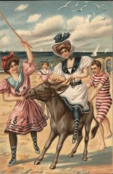 Girls at the beach with a horse Postcard