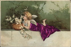 Blond Angel Wrapped in Purple Near Flowers on Ledge Blond Angel Wrapped in Purple Near Flowers on Ledge