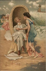Woman Wearing Swimsuit with Man in Chair on Beach Postcard