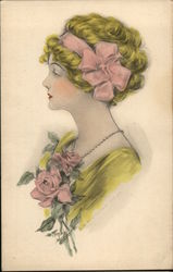 Illustration of Woman with Bow in Hair Women Postcard Postcard