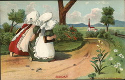 Two Girls Carrying Prayer Books Walking to Church Two Girls Carrying Prayer Books Walking to Church