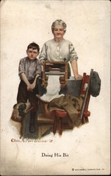 Boy Turning Laundry Handle for Older Woman Postcard