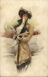 Well-Dressed Woman Carrying Book Near Automobile Women Postcard Postcard