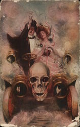 Celebrating Couple in Car with Skull Head in Front Postcard