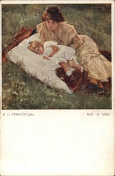 Woman in Gold Dress Laying in Grass Near Sleeping Child Woman in Gold Dress Laying in Grass Near Sleeping Child
