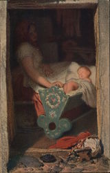 Woman Rocking Sleeping Infant in Cradle Postcard