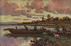 Four Men Load A Flock Of Sheep On A Boat Postcard Postcard